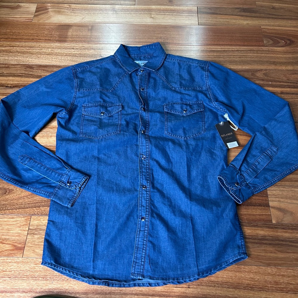 Outlander by craft & flow Western‎ Denim Shirt pearl snaps Mens Small Blue ranch